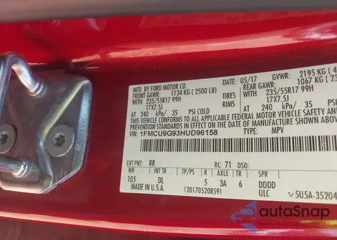 2017 Ford Escape Se из США, поврежденный, VIN 1FMCU9G93HUD96158